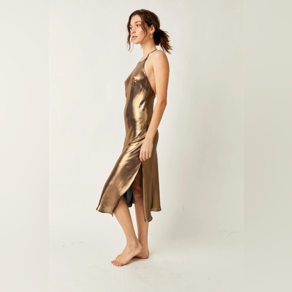 Free People Intimately Gold Metallic Sunset Shimmer Midi Slip Dress Small NWT - Picture 2 of 9